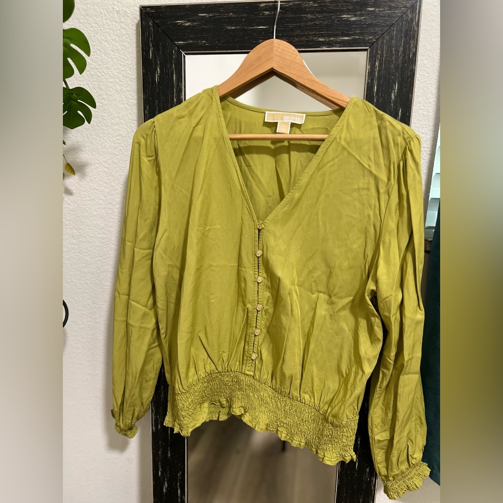 MICHAEL KORS Chartreuse Tunic Top with Gold Buttons & Ruching